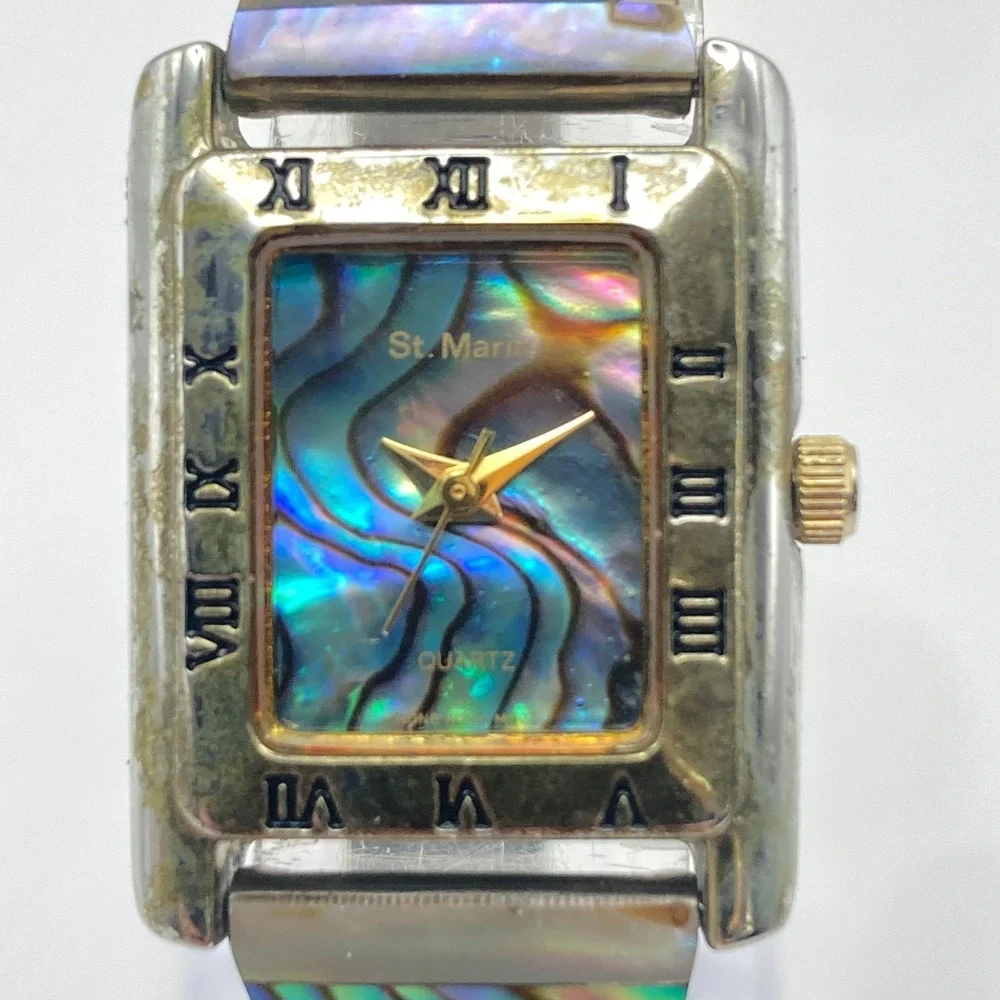 Vintage St. Marin Womens Watch 21mm Abalone Stretch Band Two Tone New Battery 6